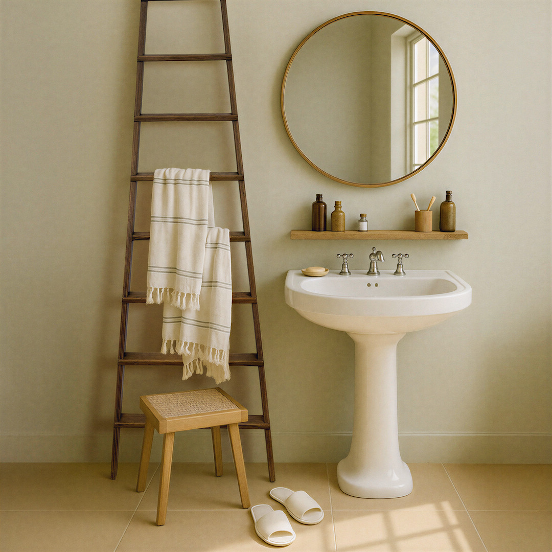 Escalera decoración como toallero en un baño con espejo redondo y luz natural