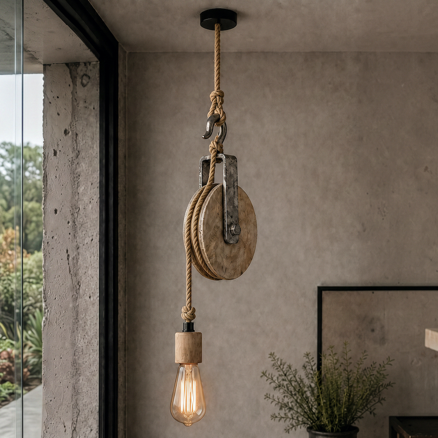 Lámpara industrial hecha con una polea de madera antigua