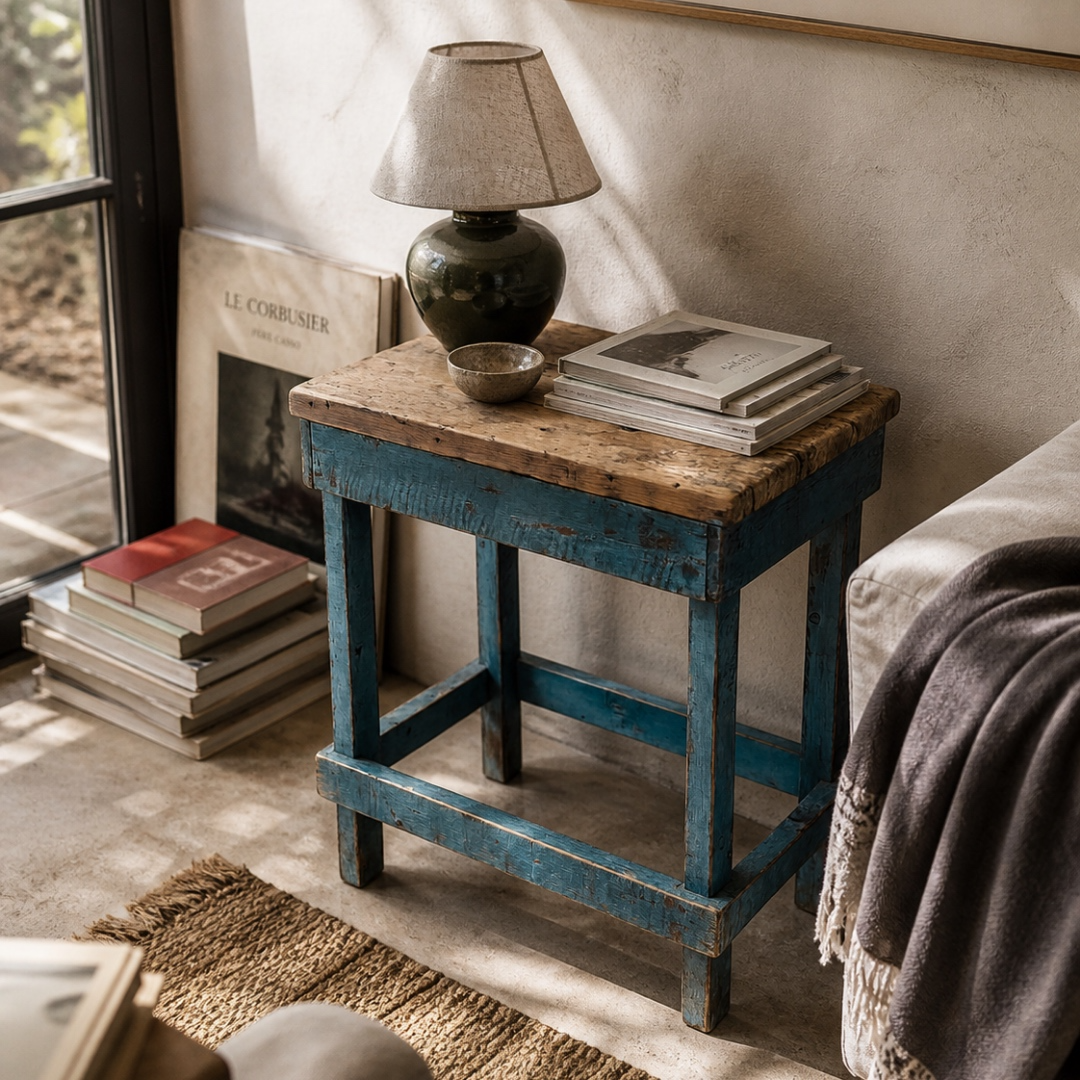 Mesita auxiliar vintage de madera azul en rincón con lámpara de lectura