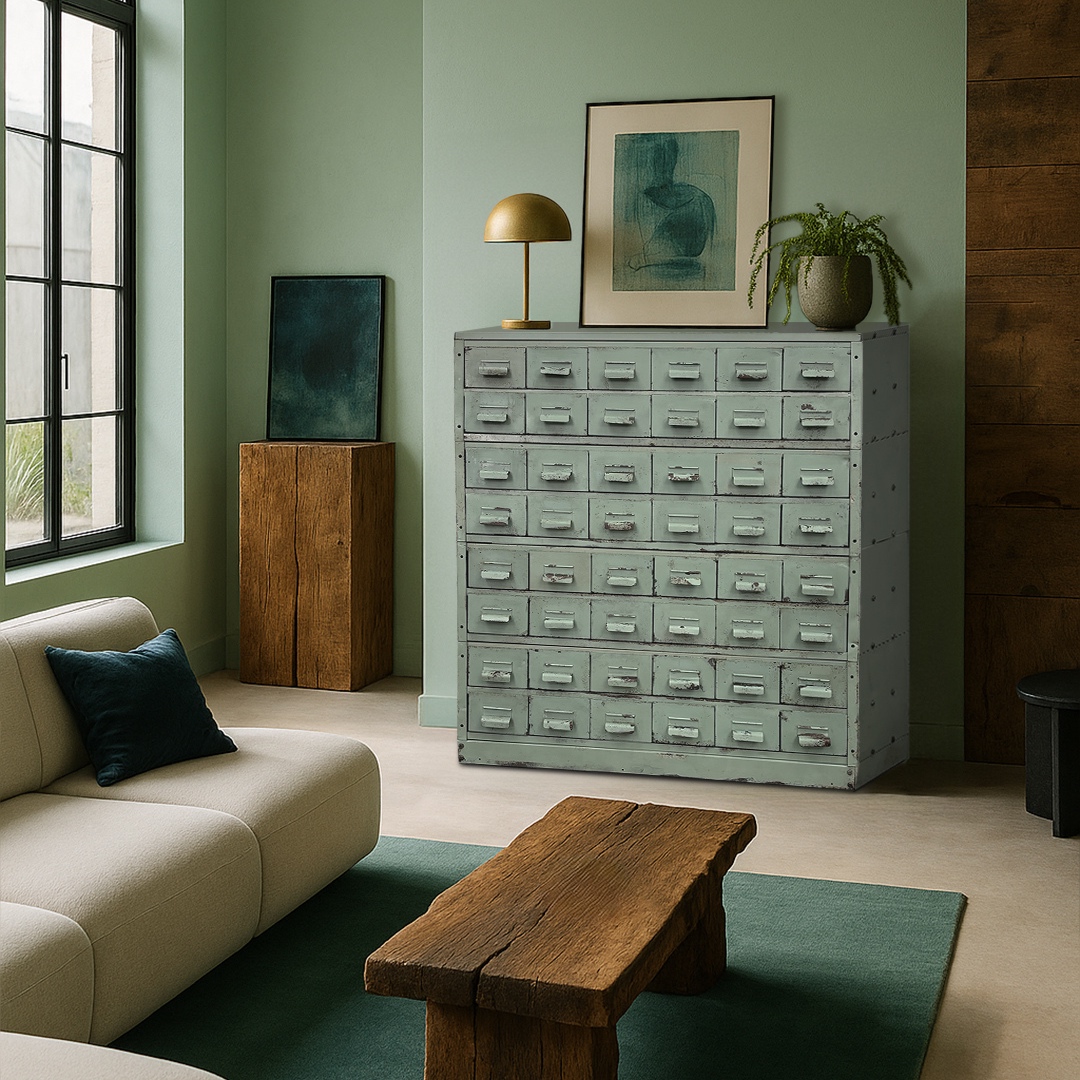 Cajonera metálica verde integrada en un salón contemporáneo
