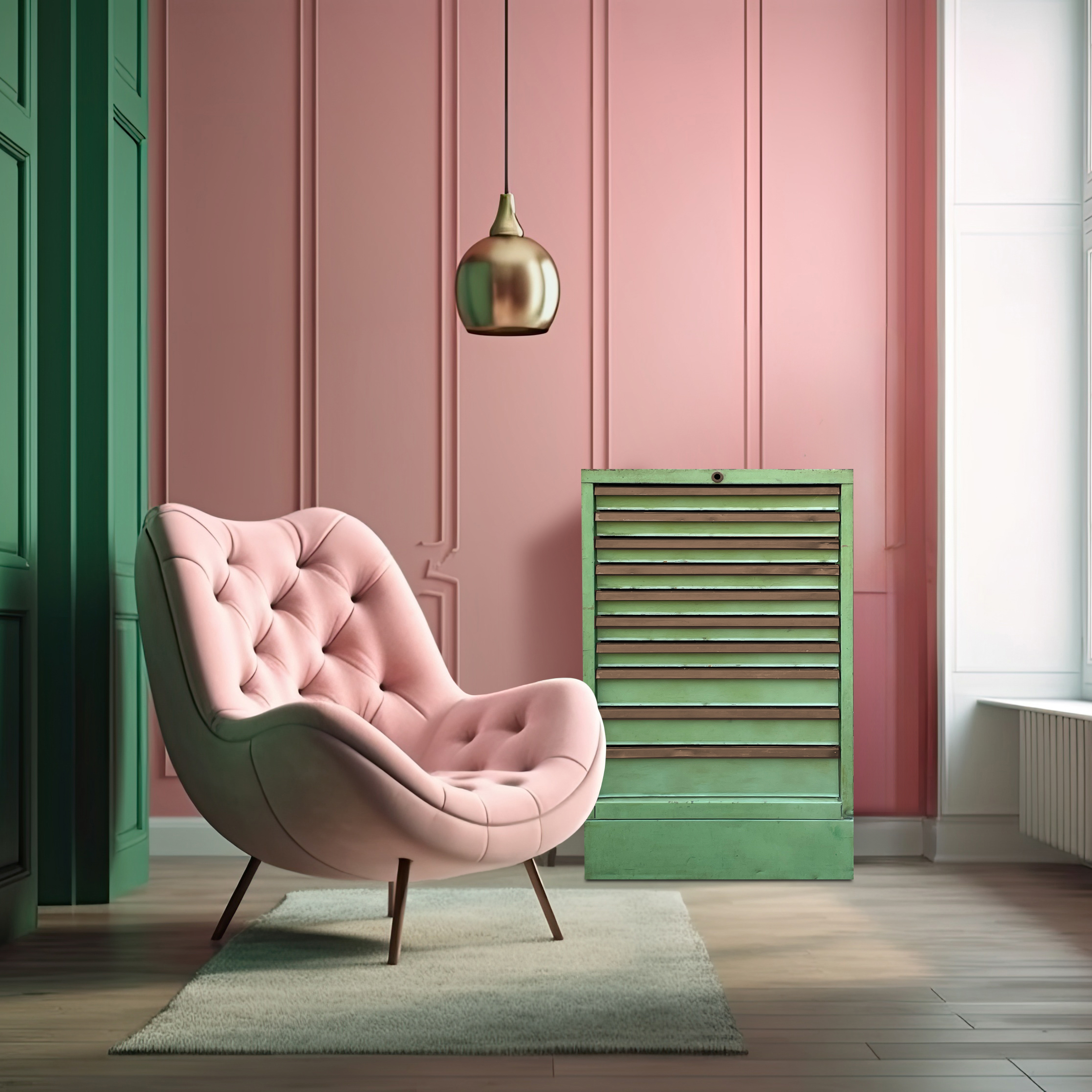 Cajonera de herramientas metálica verde integrada en una estancia con tonos rosa y verde