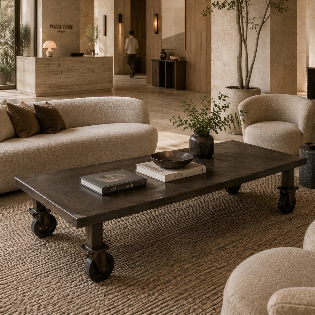 Mesa de centro XL de hierro con ruedas en salón sofisticado con texturas metalizadas