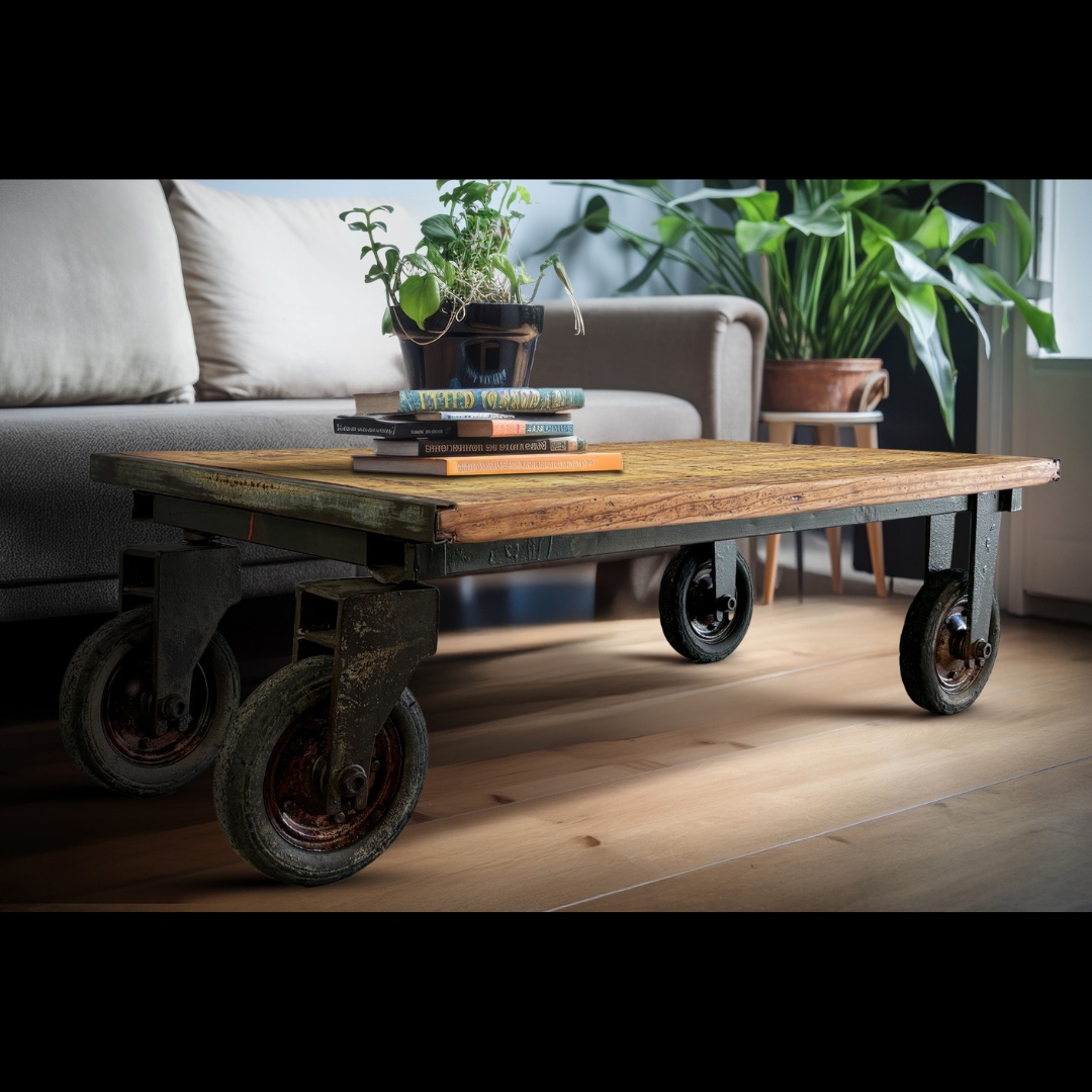 Salón con mesa de centro con ruedas y madera maciza recuperada
