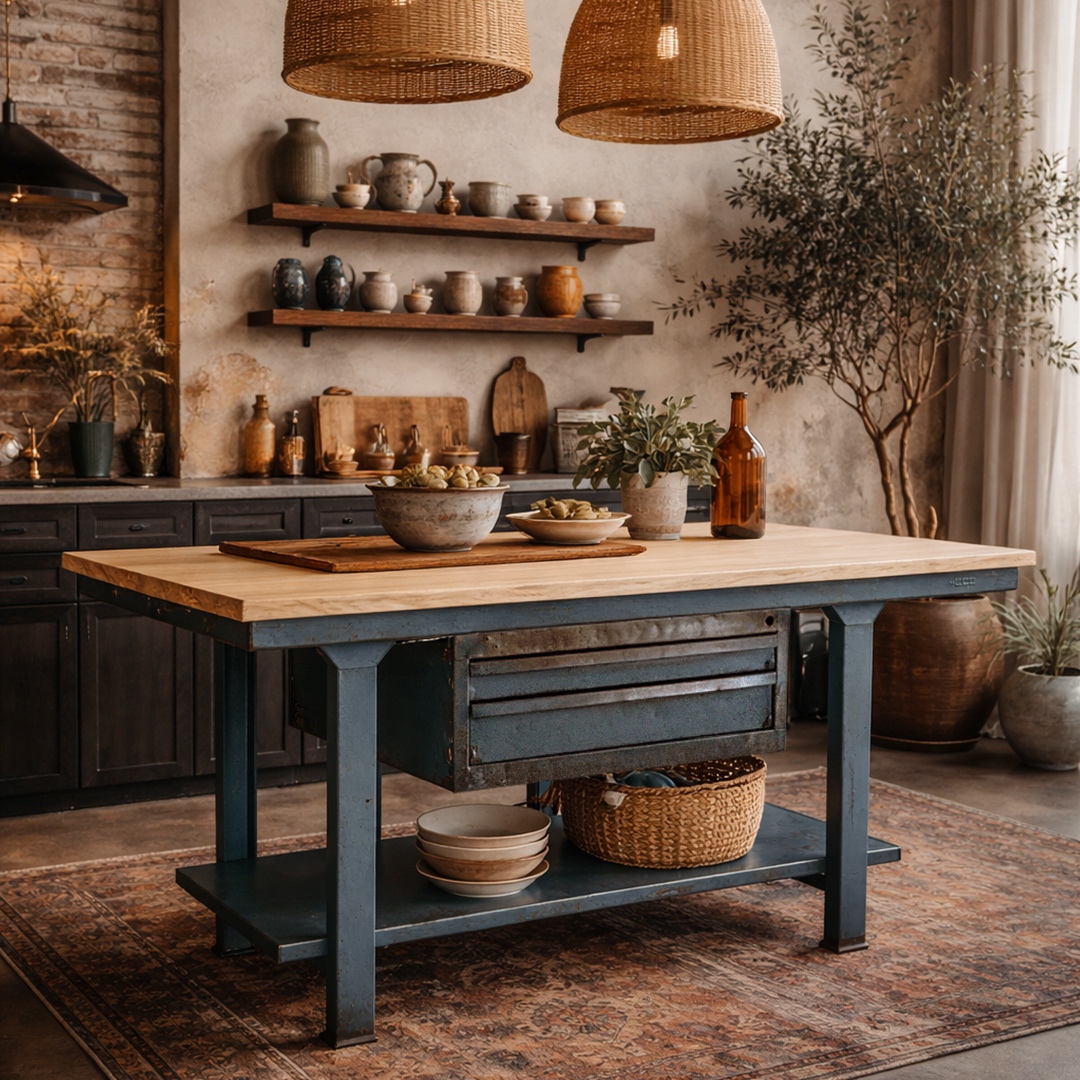 Banco de trabajo azul de metal y madera integrado como isla en cocina rústica contemporánea