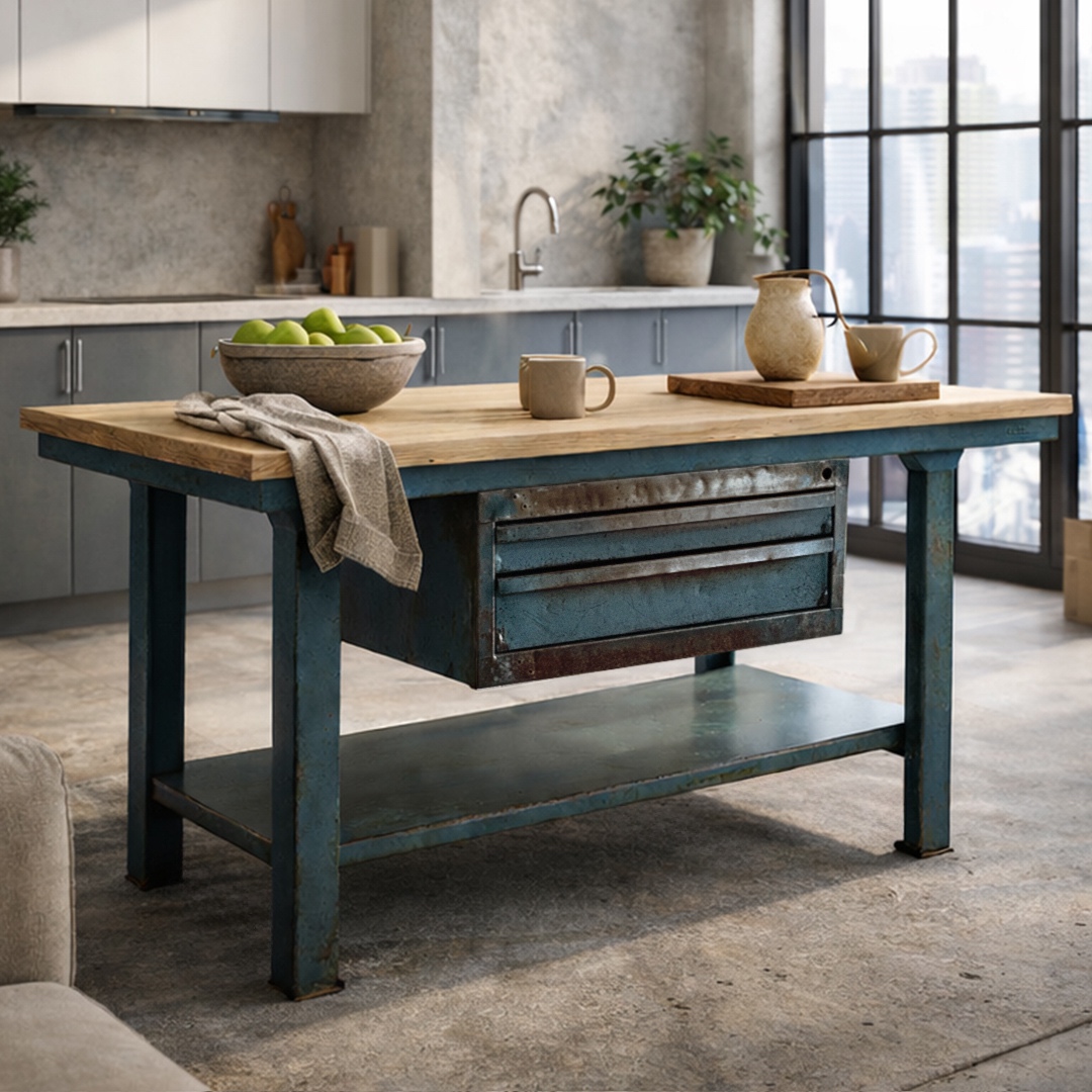 Banco de trabajo azul usado como isla con encimera de madera en cocina contemporánea industrial