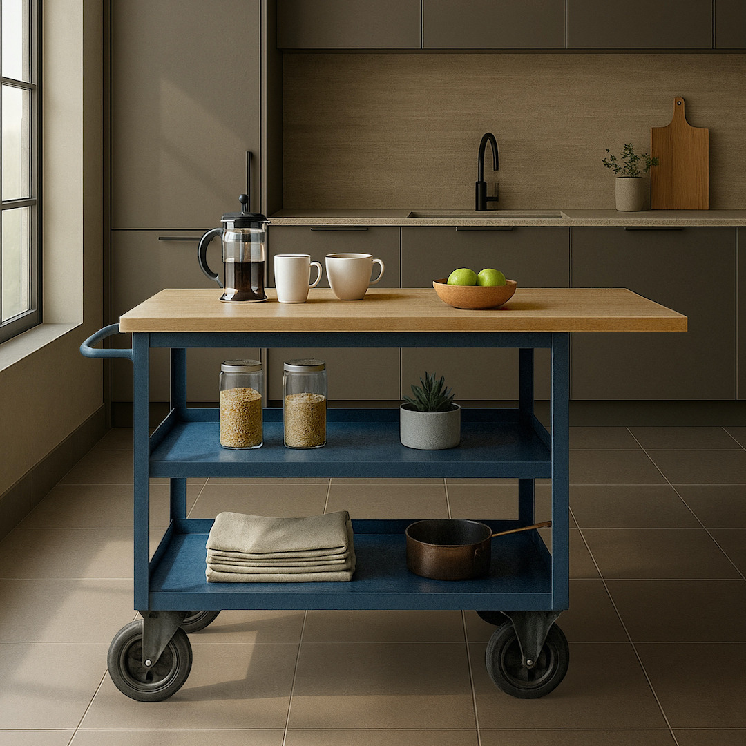 Carro industrial vintage azul como isla de cocina contemporánea