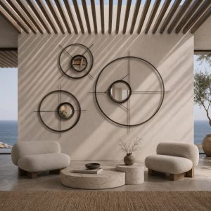 Espejos de pared de hierro, diferentes tamaños, en ambiente mediterráneo