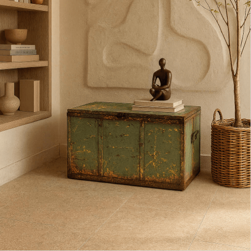 Baúl de hierro vintage verde y amarillo como mesa auxiliar decorativa