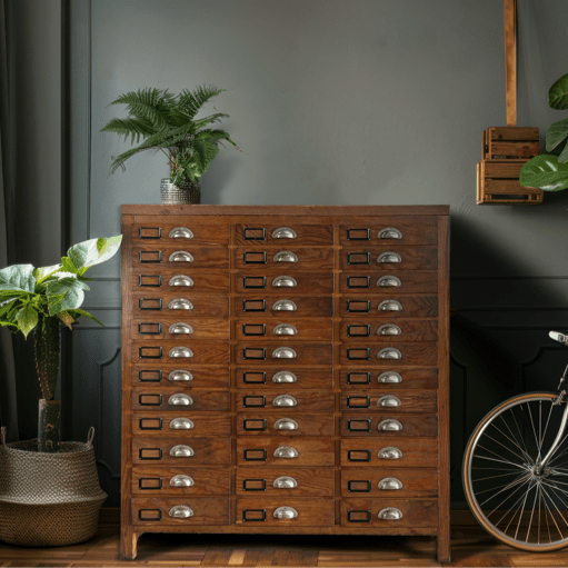 Cajonera industrial vintage de madera como almacenaje en salón contemporáneo.