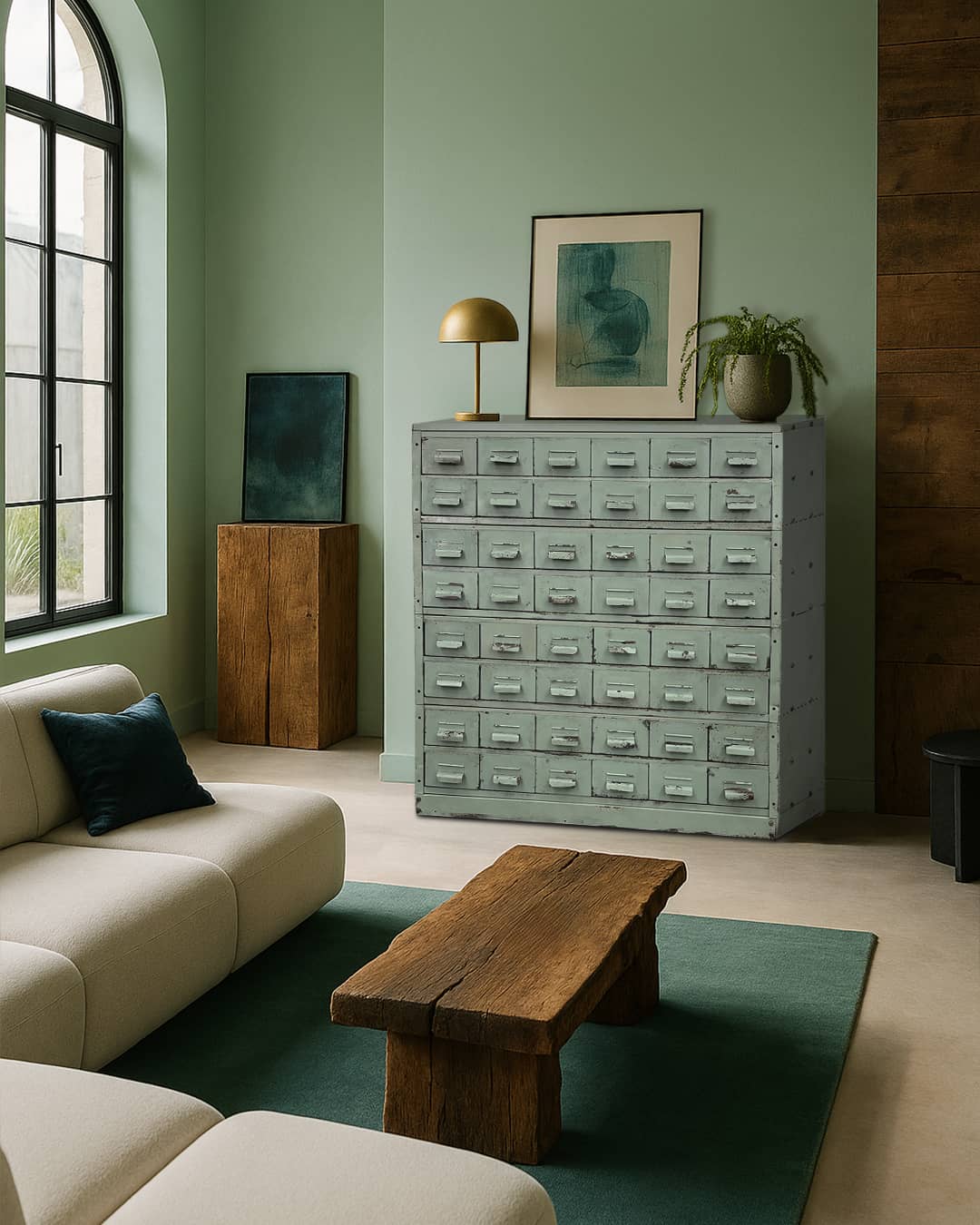Cajonera industrial verde menta en salón relajado en tonos verdes suaves