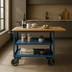 Carro industrial azul con encimera de madera en cocina contemporánea