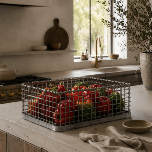 Cesta de hierro industrial usada como almacenaje para cocina