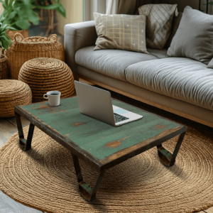Mesa de centro industrial verde con pátina en salón con mezcla de texturas