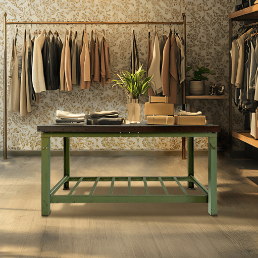 Mesa de trabajo industrial verde como mueble expositor en tienda